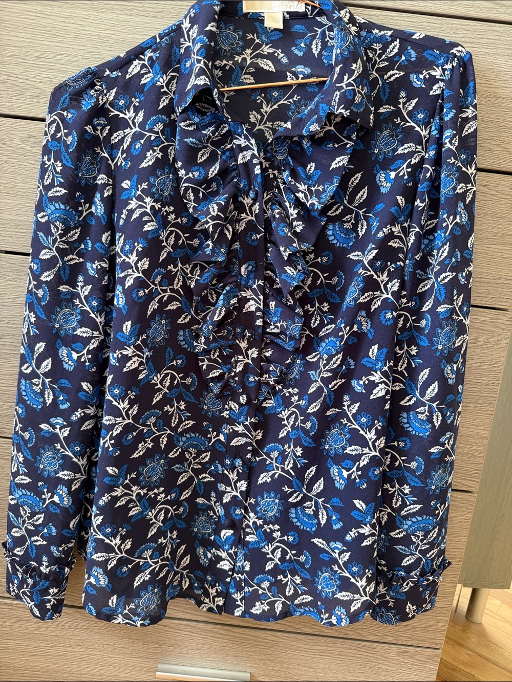 Michael Kors Navy Blue Floral Ruffle-Front Blouse.